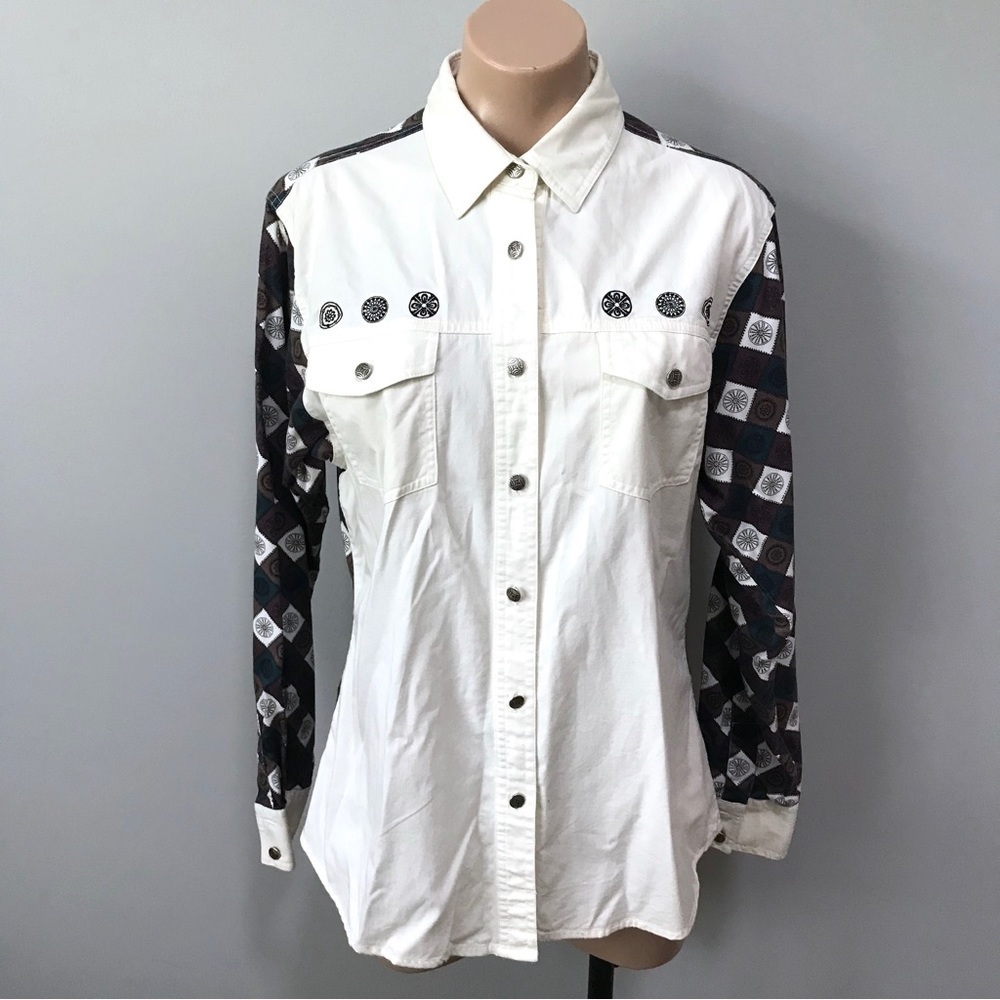 Wrangler Vintage Western Button Front Shirt Rodeo Farm Horse Aztec Large